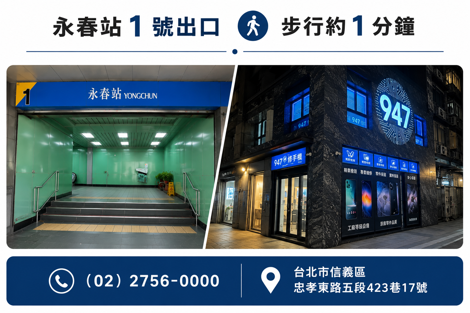 永春捷運站 1 號出口與 947PLUS 永春總部門面導引