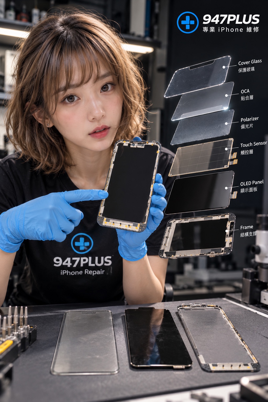 iPhone 螢幕玻璃、貼合層與顯示面板結構示意圖